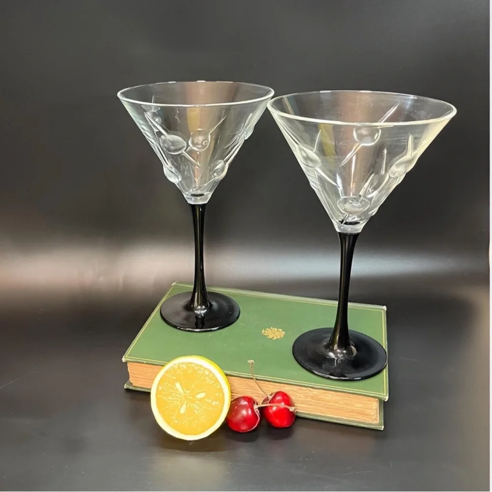 Vintage Barware Retro Raised Olive Martini Glass Set Clear Glass Black Stem